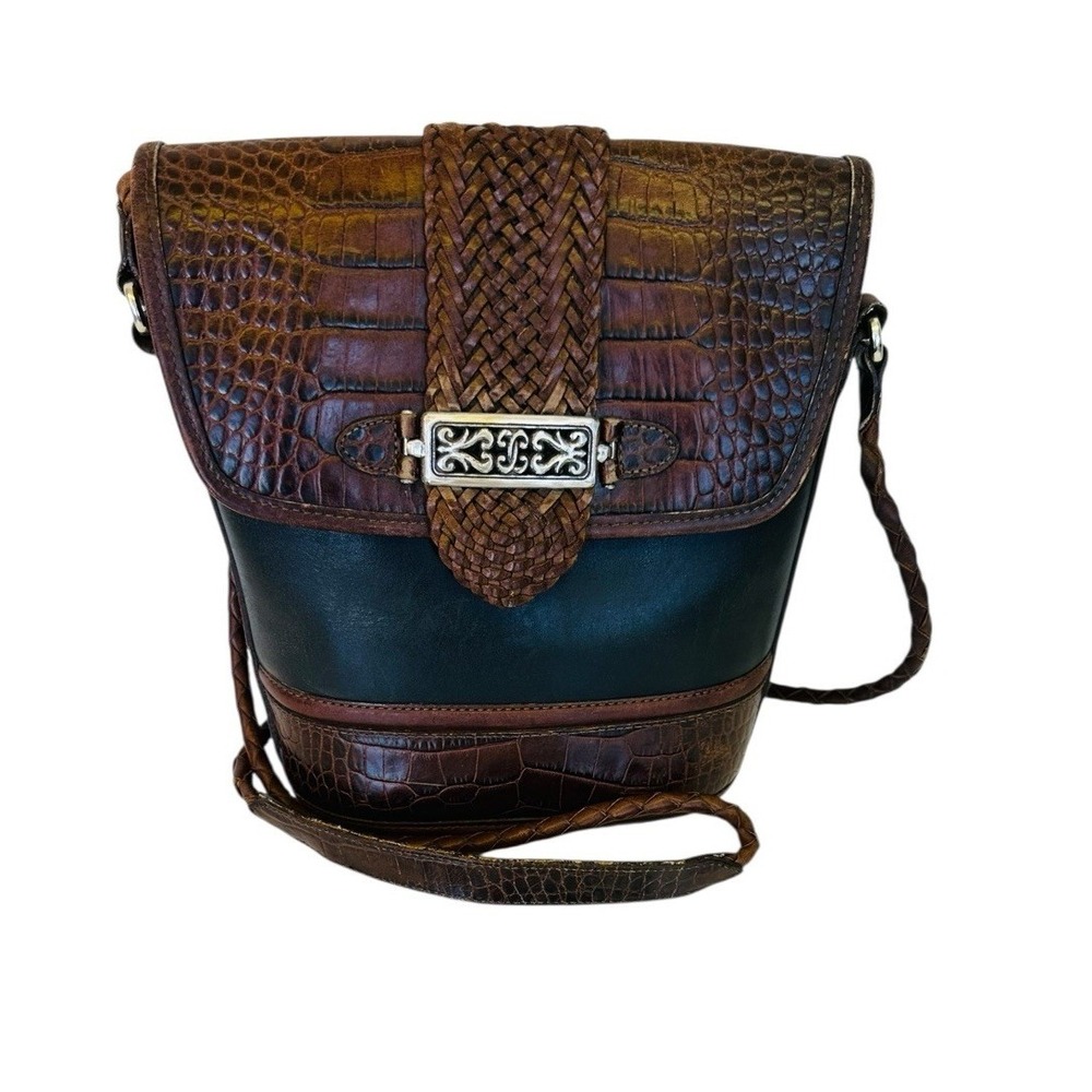 Vintage Brighton Cheryl Crossbody Leather Bag Alligator Embossed Black Brown 90s